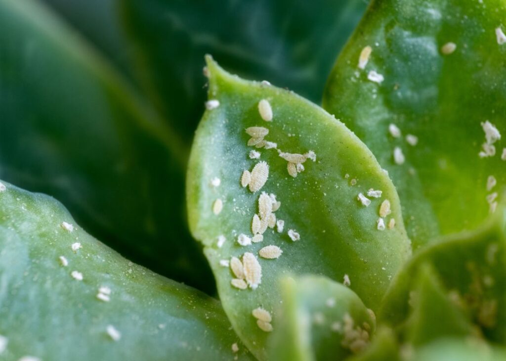 closeup shot of mealybugs on green leaves